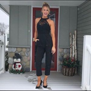 asos black high neck lace low back jumpsuit size 6
